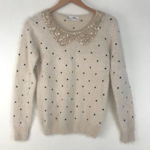 Eyelash Autumn Winter fuzzy Sweater with beaded collar cream black polka dot
